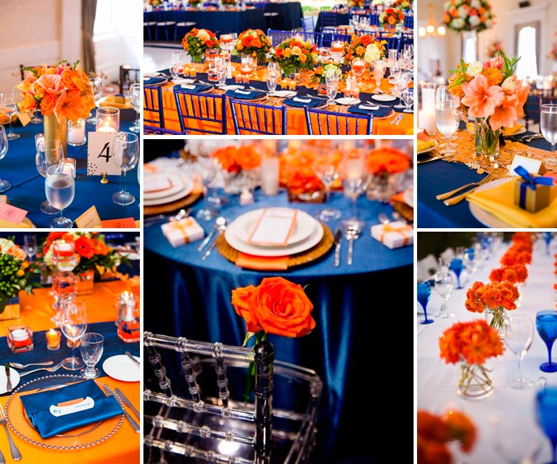 Decoración azul marino y naranja para bodas. Imagen 3